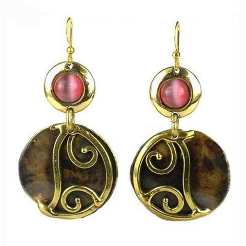 Pink Tiger Eye and Brass Scroll Earrings - Brass Images (E)