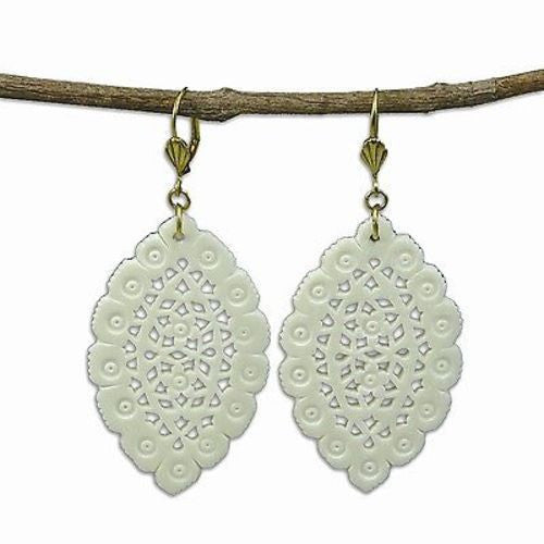 Lacy Leaf-Shaped Carved Bone Earrings - Natural - WorldFinds