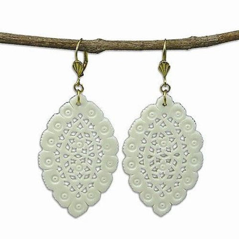 Lacy Leaf-Shaped Carved Bone Earrings - Natural - WorldFinds