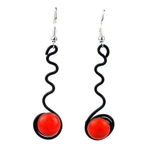 Enameled Wire and Orange Glass Bead "Squiggle" Earrings - Chilean
