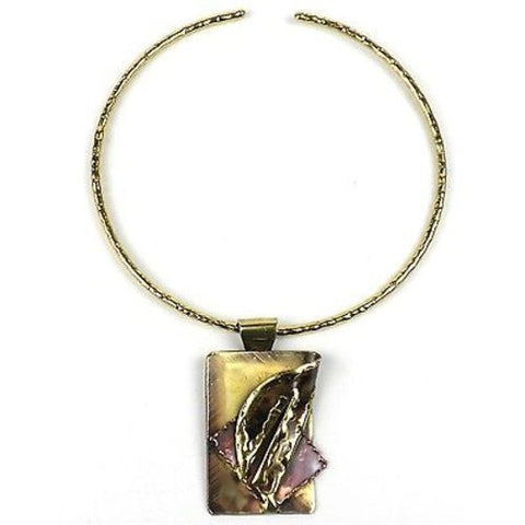 Layered Leaf Copper and Brass Pendant Necklace - Brass Images (N)