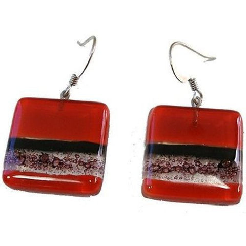 Square Fused Glass Earrings - Red and Bubbles Design - Tili Glass