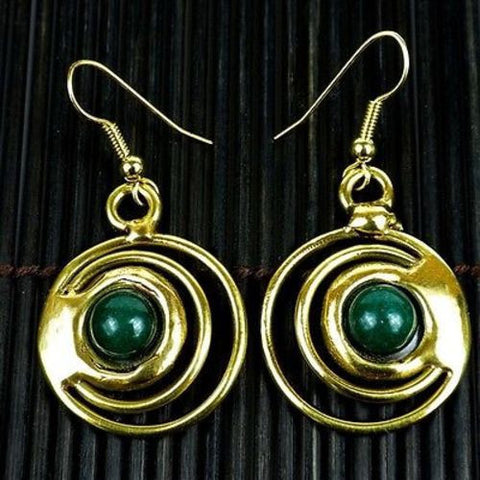 Deep Green Stone Concentric Earrings - Brass Images (E)