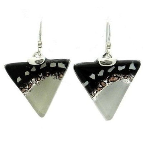 Black and White Flecks Translucent Triangle Glass Sterling Silver Earrings - Tili Glass