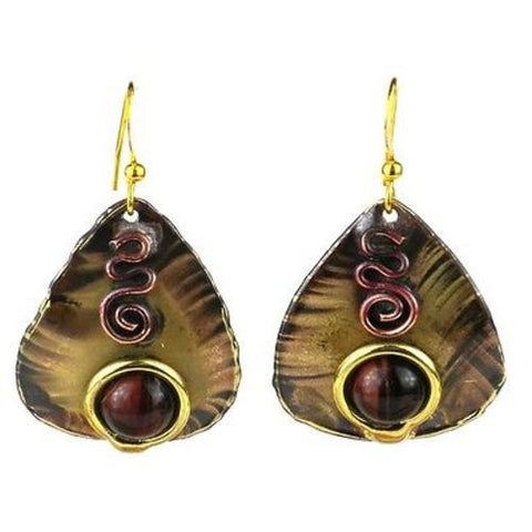 Earthy Red Tiger Eye Guitar Pick Brass Earrings - Brass Images (E)